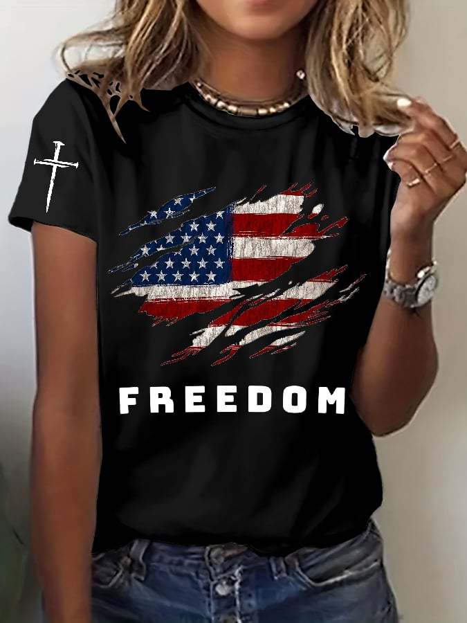 Women's Freedom American Flag Print Casual T-shirt-tidenox
