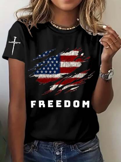 Women's Freedom American Flag Print Casual T-shirt-tidenox