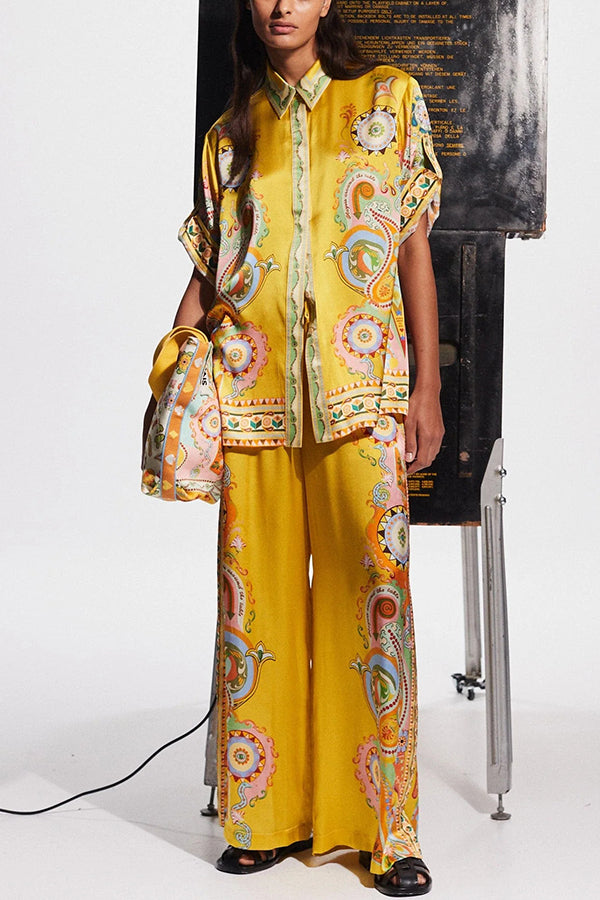 Lucia Satin Unique Print Short-sleeved Loose Shirt and Elastic Waist Pocket Pants Set-tidenox