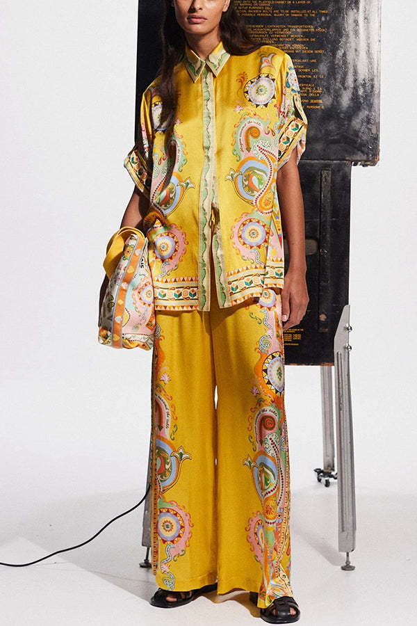 Lucia Satin Unique Print Short-sleeved Loose Shirt and Elastic Waist Pocket Pants Set-tidenox