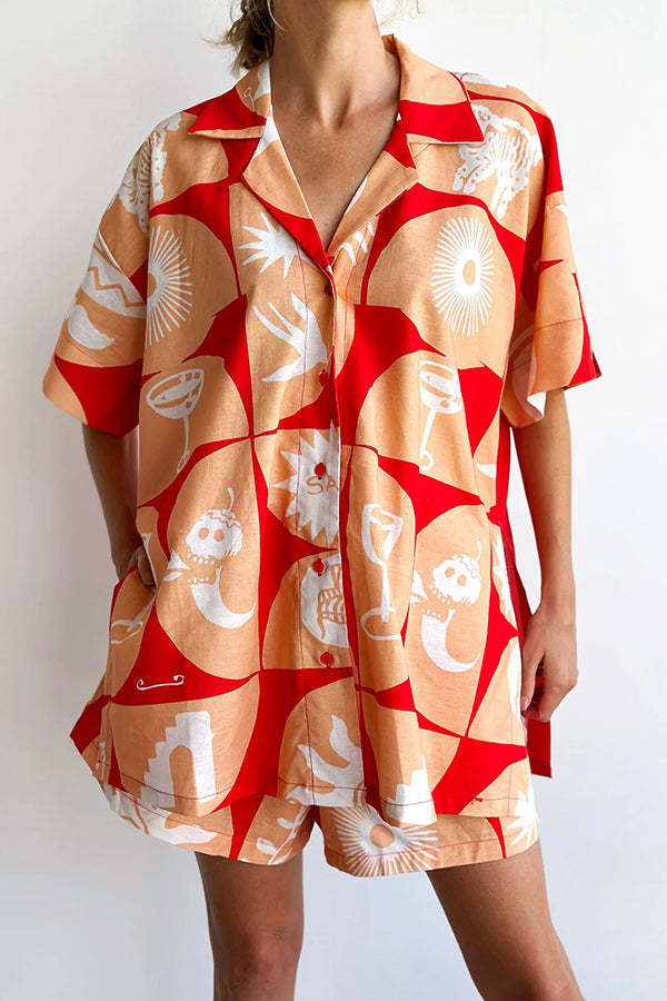 Linen Blend Unique Printed Shirt Top and Elastic Waisted Loose Pocket Shorts Set-tidenox