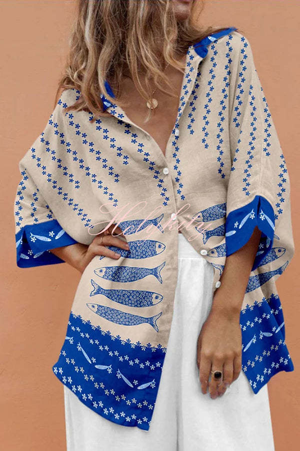 Unique Marine Print Casual Loose Shirt Top-tidenox