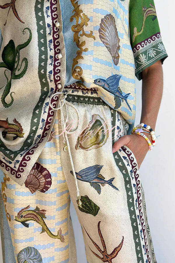Deep Sea Dreaming Satin Unique Print Short Sleeve Shirt and Elastic Waist Pocketed Pants Set-tidenox