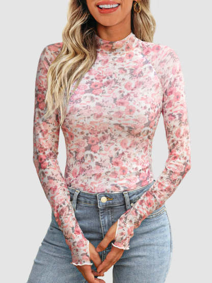 Floral Mock Neck Long Sleeve T-Shirt