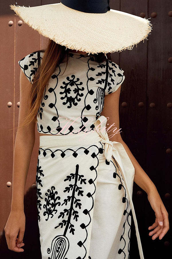 Rima Linen Blend Ethnic Print Crop Top & Tire-up Wrap Midi Skirt Set-tidenox