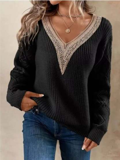 Openwork V-Neck Long Sleeve Sweater-tidenox