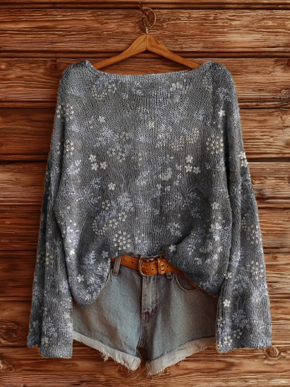 Women's Vintage Floral Art Print Casual Pullover Sweater-tidenox