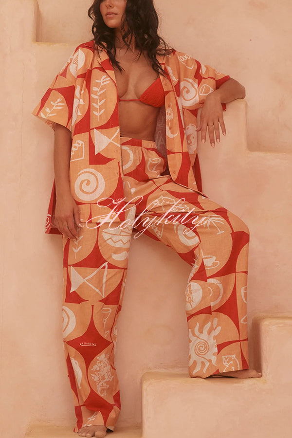 Linen Blend Unique Printed Short-sleeved Shirt and Elastic Waisted Baggy Pants Set-tidenox