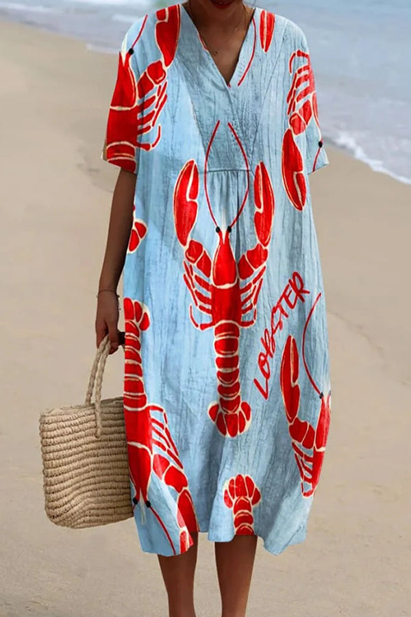 Unique Marine Print V-neck Short-sleeved Midi Dress-tidenox
