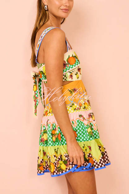 Sweet and Sour Summer Multicolor Lemon Print Pleated Hem Mini Dress-tidenox