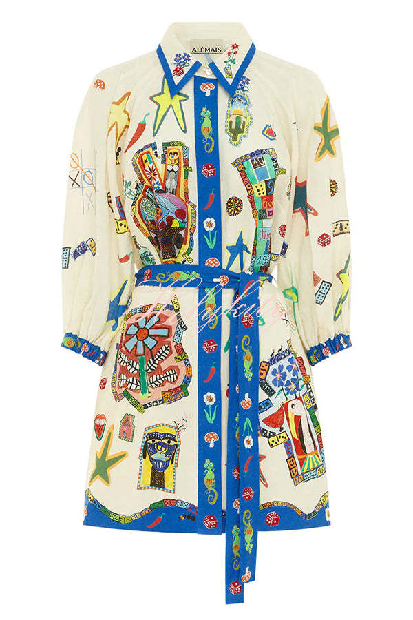 Linen Blend Unique Printed Balloon Sleeve Pocket Tie Waist Mini Dress-tidenox
