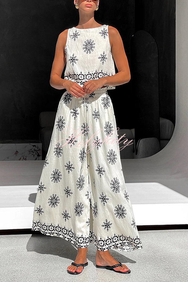 Unique Printed Round Neck Sleeveless Button Top and Elastic Waist Pocket Wide Leg Pants Set-tidenox