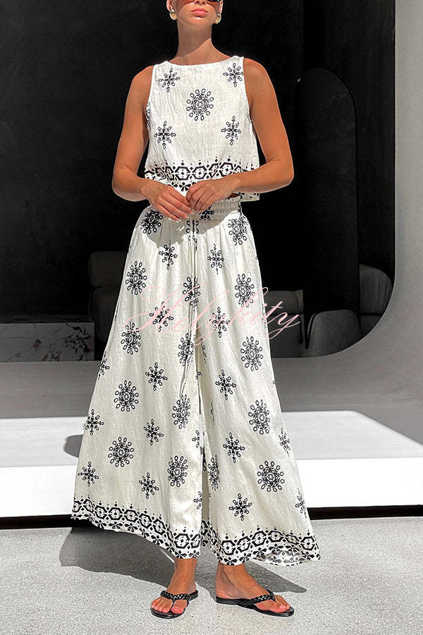 Unique Printed Round Neck Sleeveless Button Top and Elastic Waist Pocket Wide Leg Pants Set-tidenox