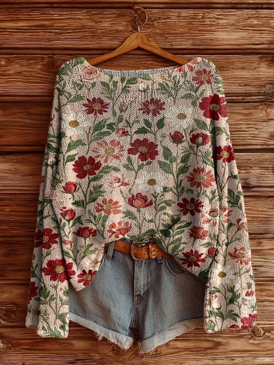 Women's Vintage Floral Art Pattern Print Casual Pullover Sweater-tidenox