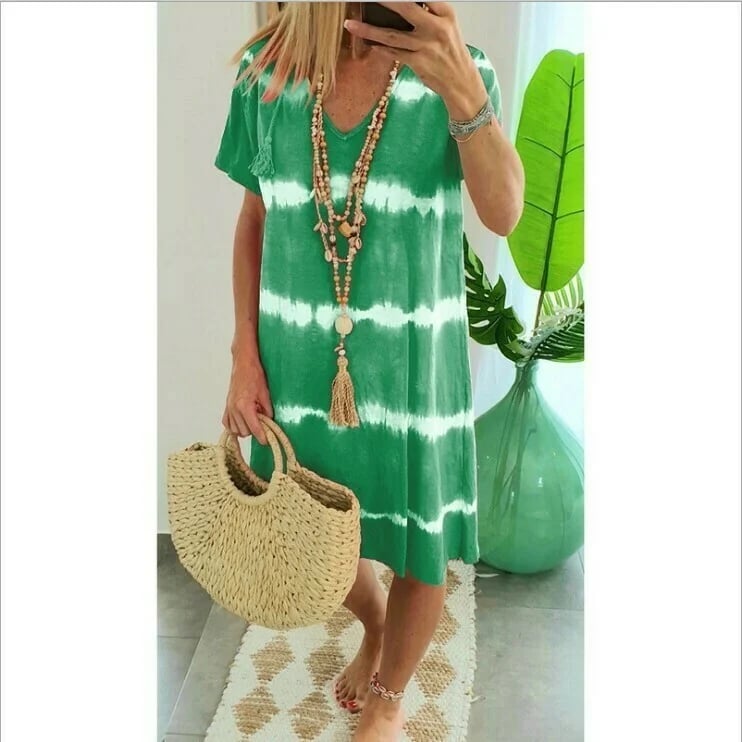 🔥Tie-dye Striped Short-sleeved Loose T-shirt Dress-tidenox