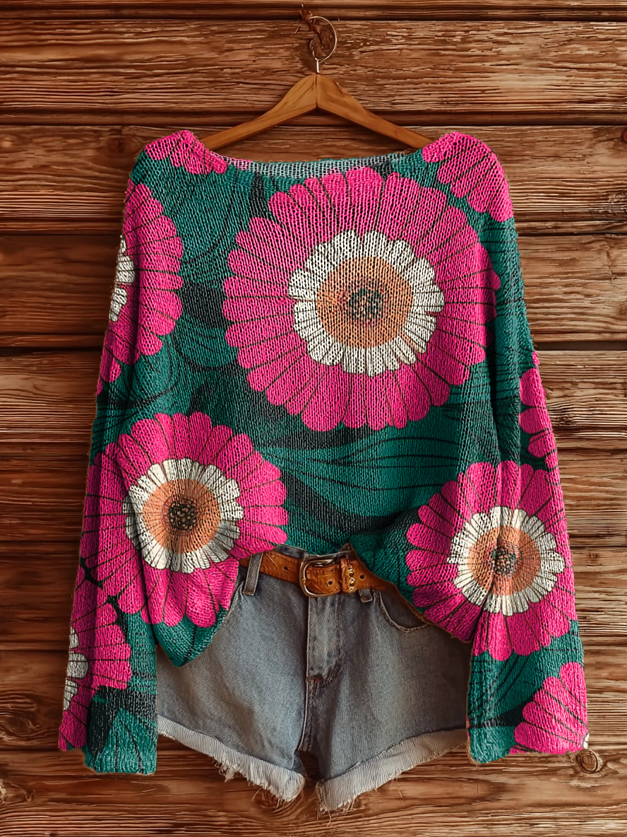Women's Bohemian Floral Art Print Casual Pullover Sweater-tidenox