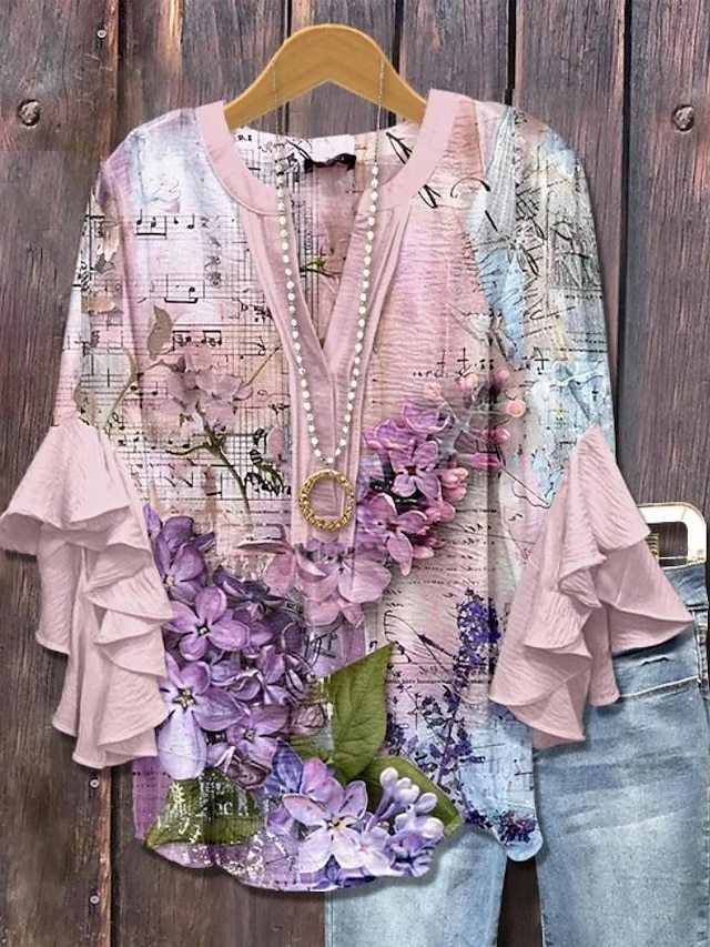 Women's Retro Blouse Layered Ruffle Sleeve Tops 3D Print Vintage Floral Graphic Daily Stylish Casual 3/4 Length Sleeve Regular Tops Daily Holiday Vacation Wear Print Purple Green Beige-tidenox