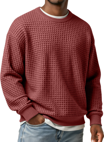 Men's Simple Waffle Round Neck Loose Casual Long-sleeved T-shirt-tidenox