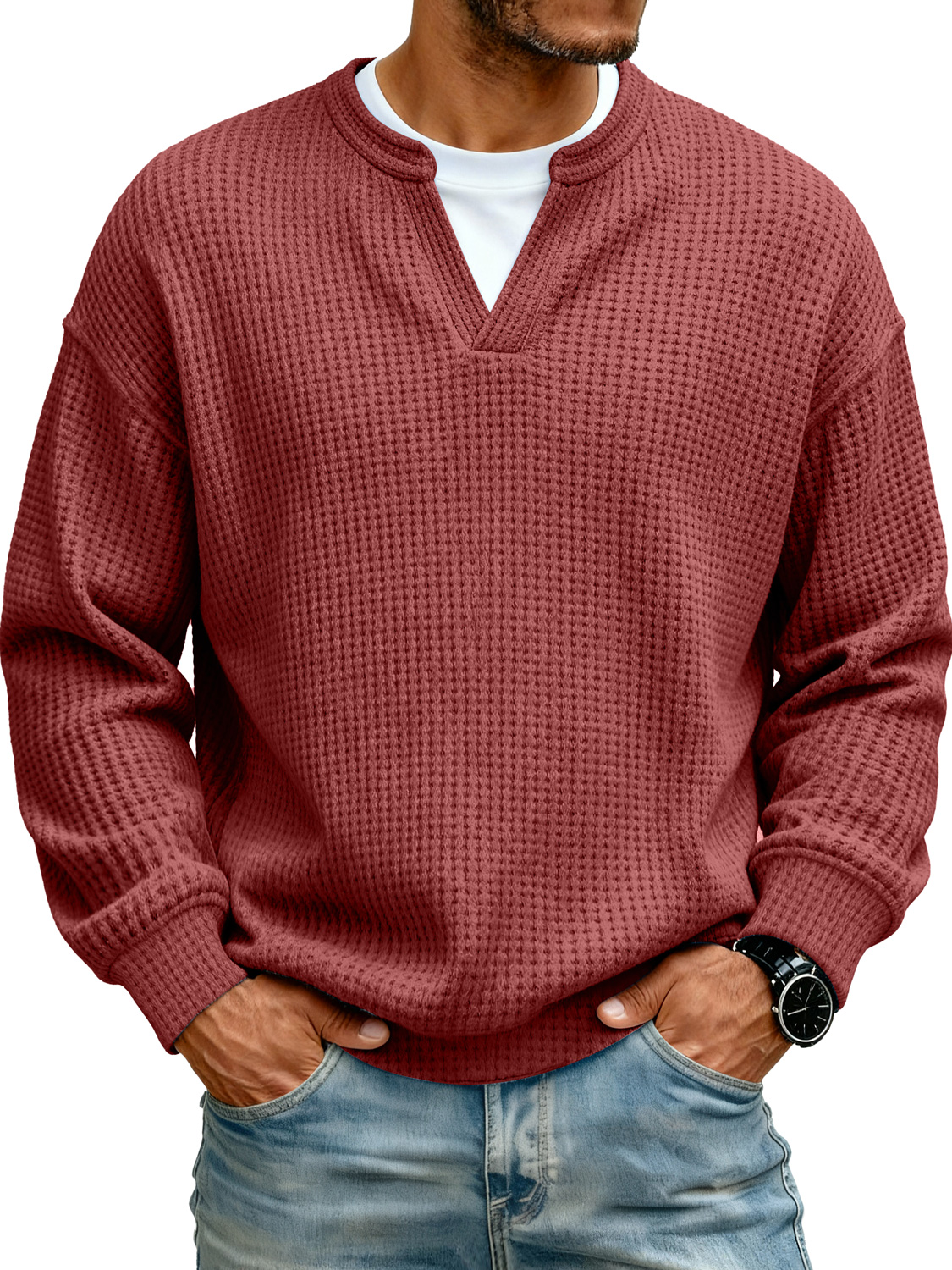Men's Simple Waffle V-neck Fake Two-piece Casual Long-sleeved T-shirt-tidenox