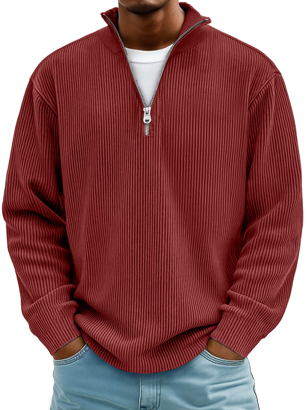 Men's Simple Casual Ribbed Stand Collar Zipper Long Sleeve T-shirt-tidenox
