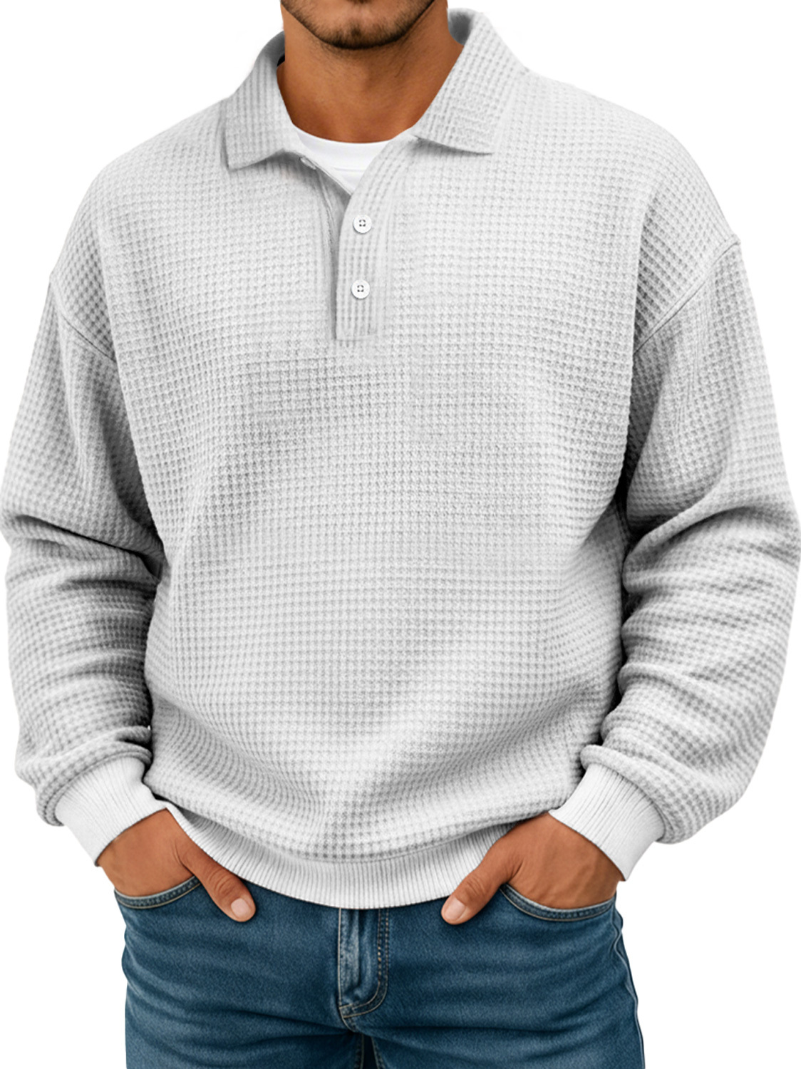 Simple waffle texture lapel button casual long-sleeved POLO shirt-tidenox