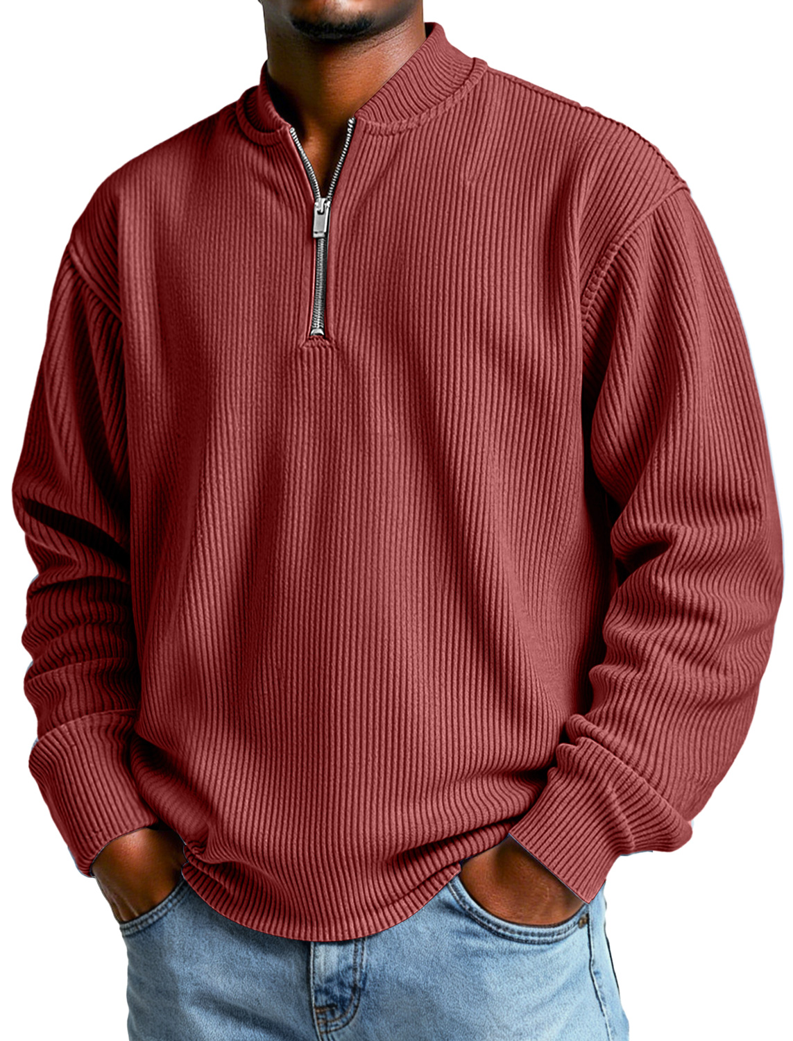 Men's Daily Simple Ribbed Baseball Collar Zipper Casual Long-sleeved T-shirt-tidenox
