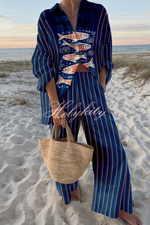 Unique Ocean Print Oversized Shirt and Elastic Waist Pocket Pants Set-tidenox