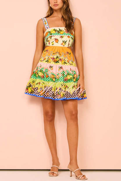 Sweet and Sour Summer Multicolor Lemon Print Pleated Hem Mini Dress-tidenox