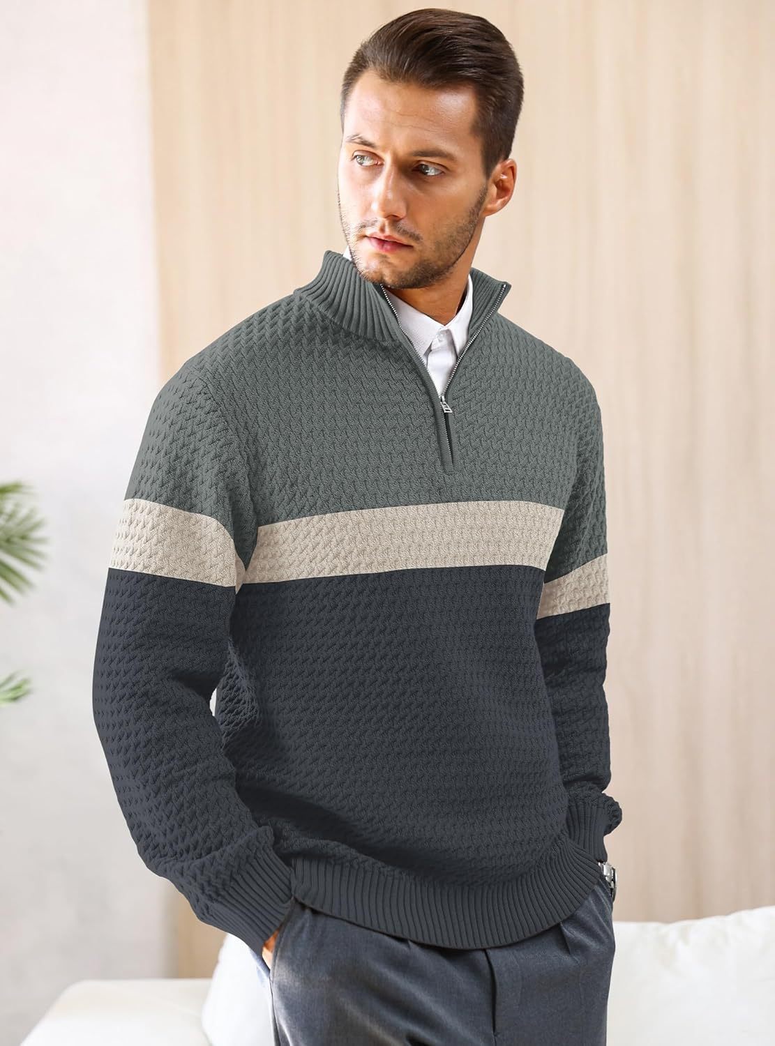 Men's Quarter Zip Sweater Mock Neck Pullover Ribbed Knit Casual Polo Sweaters-tidenox