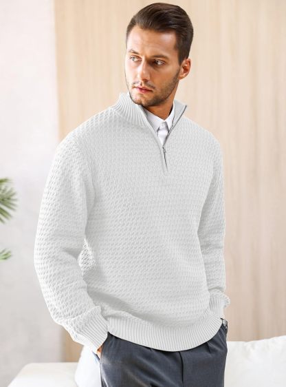 Men's Quarter Zip Sweater Mock Neck Pullover Ribbed Knit Casual Polo Sweaters-tidenox