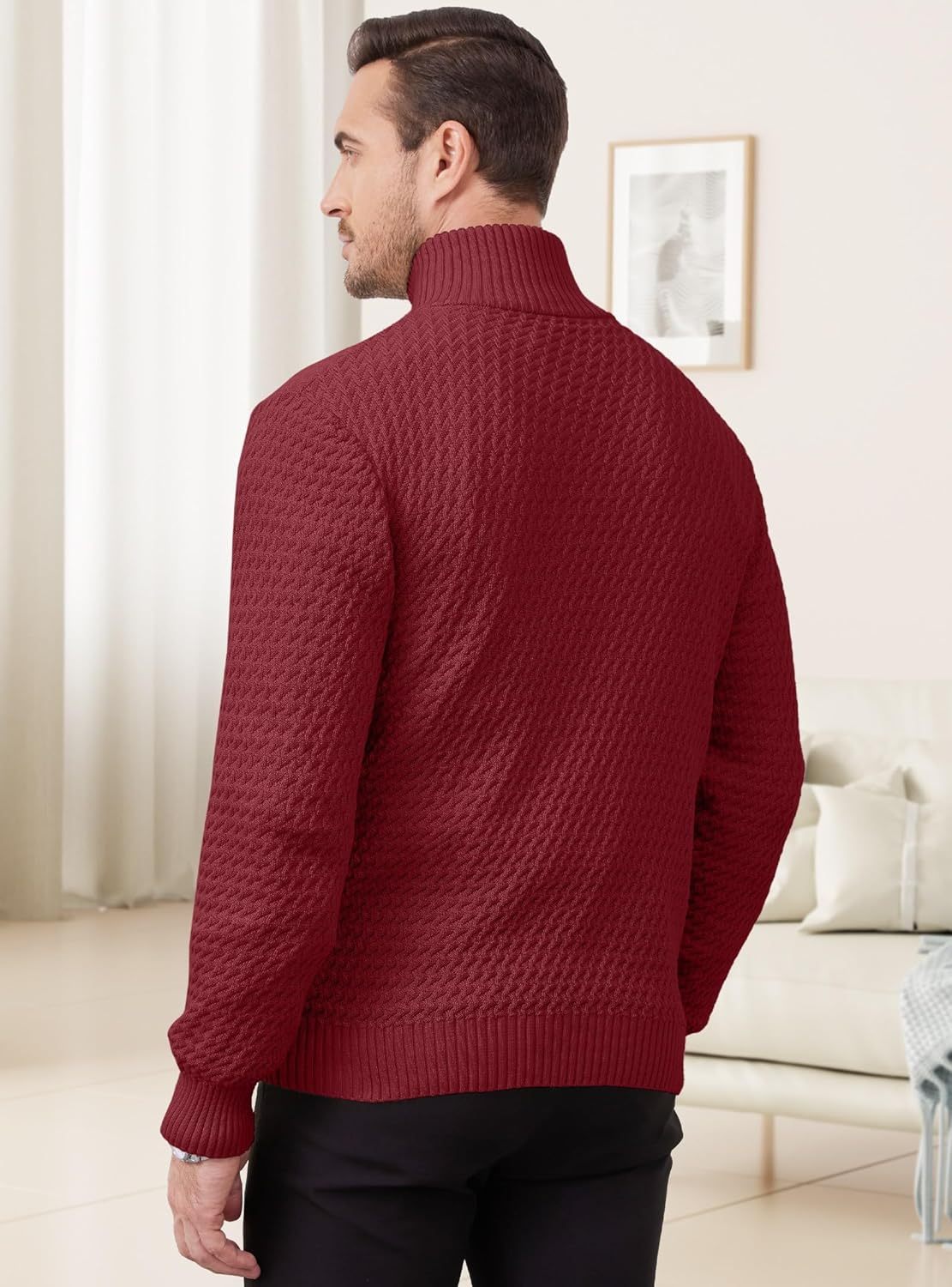 Men's Quarter Zip Sweater Mock Neck Pullover Ribbed Knit Casual Polo Sweaters-tidenox