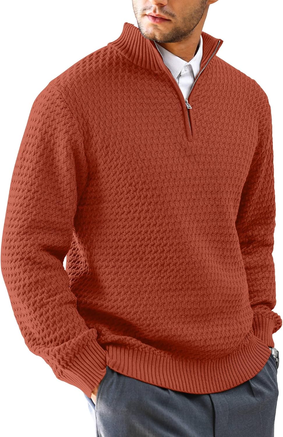 Men's Quarter Zip Sweater Mock Neck Pullover Ribbed Knit Casual Polo Sweaters-tidenox