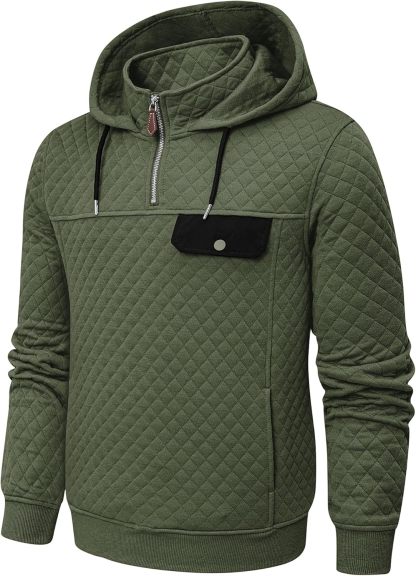 Men's Quilted Hoodies Casual Long Sleeve Quarter-Zip Pullover Sweatshirt with Pockets-tidenox
