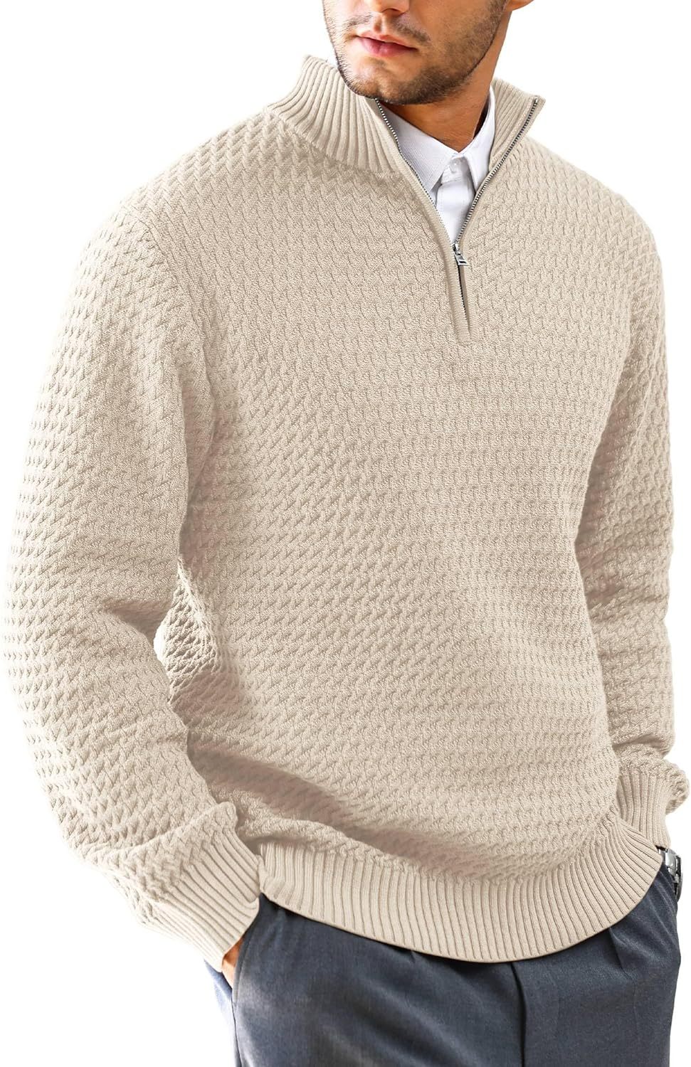 Men's Quarter Zip Sweater Mock Neck Pullover Ribbed Knit Casual Polo Sweaters-tidenox