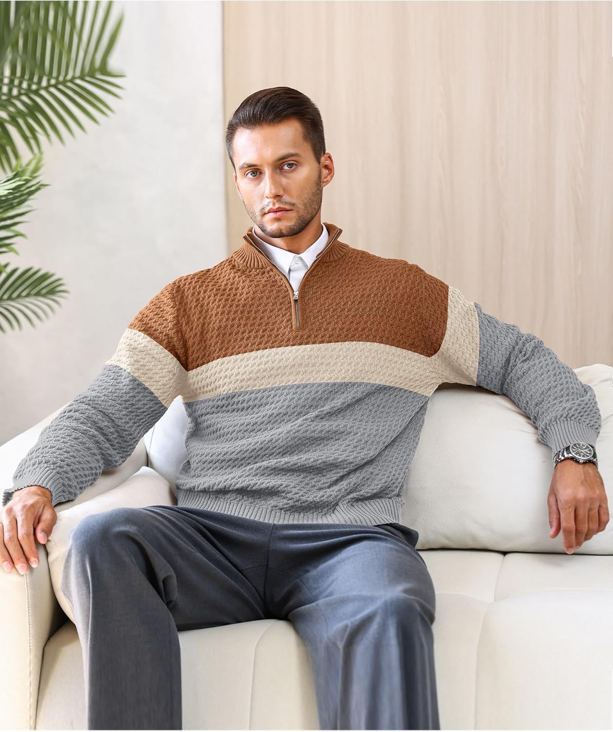 Men's Quarter Zip Sweater Mock Neck Pullover Ribbed Knit Casual Polo Sweaters-tidenox