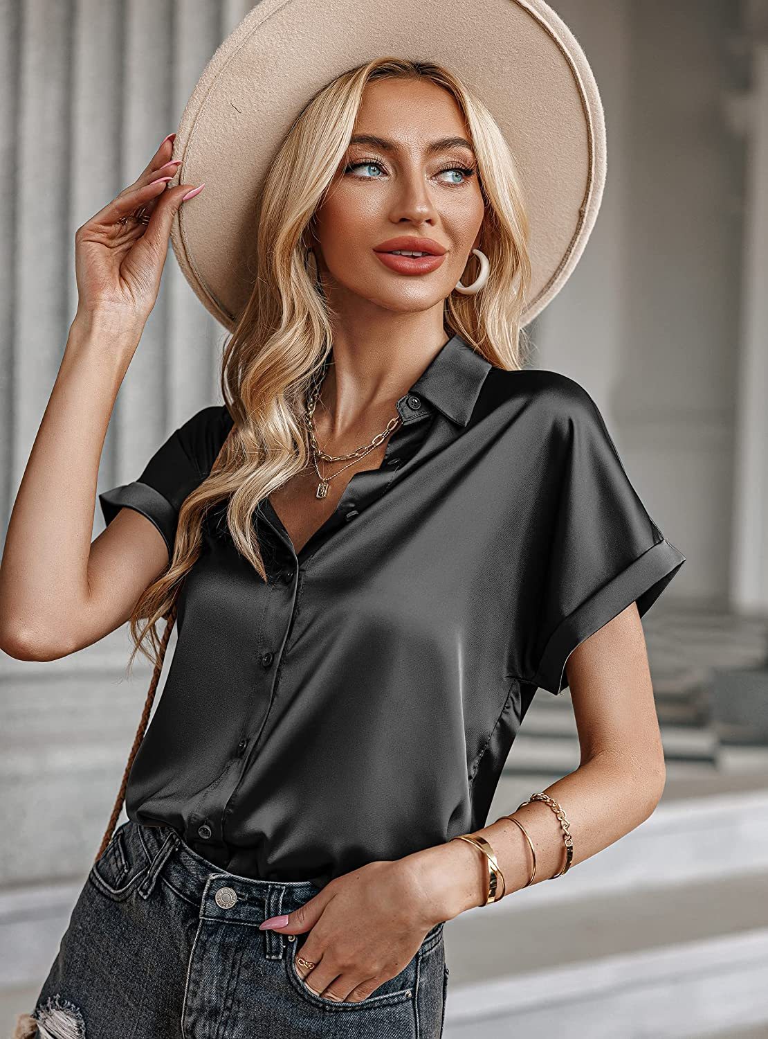 Silk Blouse for Women Short Sleeve Satin Button Down Shirts Casual Loose V-Neck Business Work Tunic Top - Zeagoo (Us Only)-tidenox