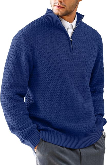 Men's Quarter Zip Sweater Mock Neck Pullover Ribbed Knit Casual Polo Sweaters-tidenox