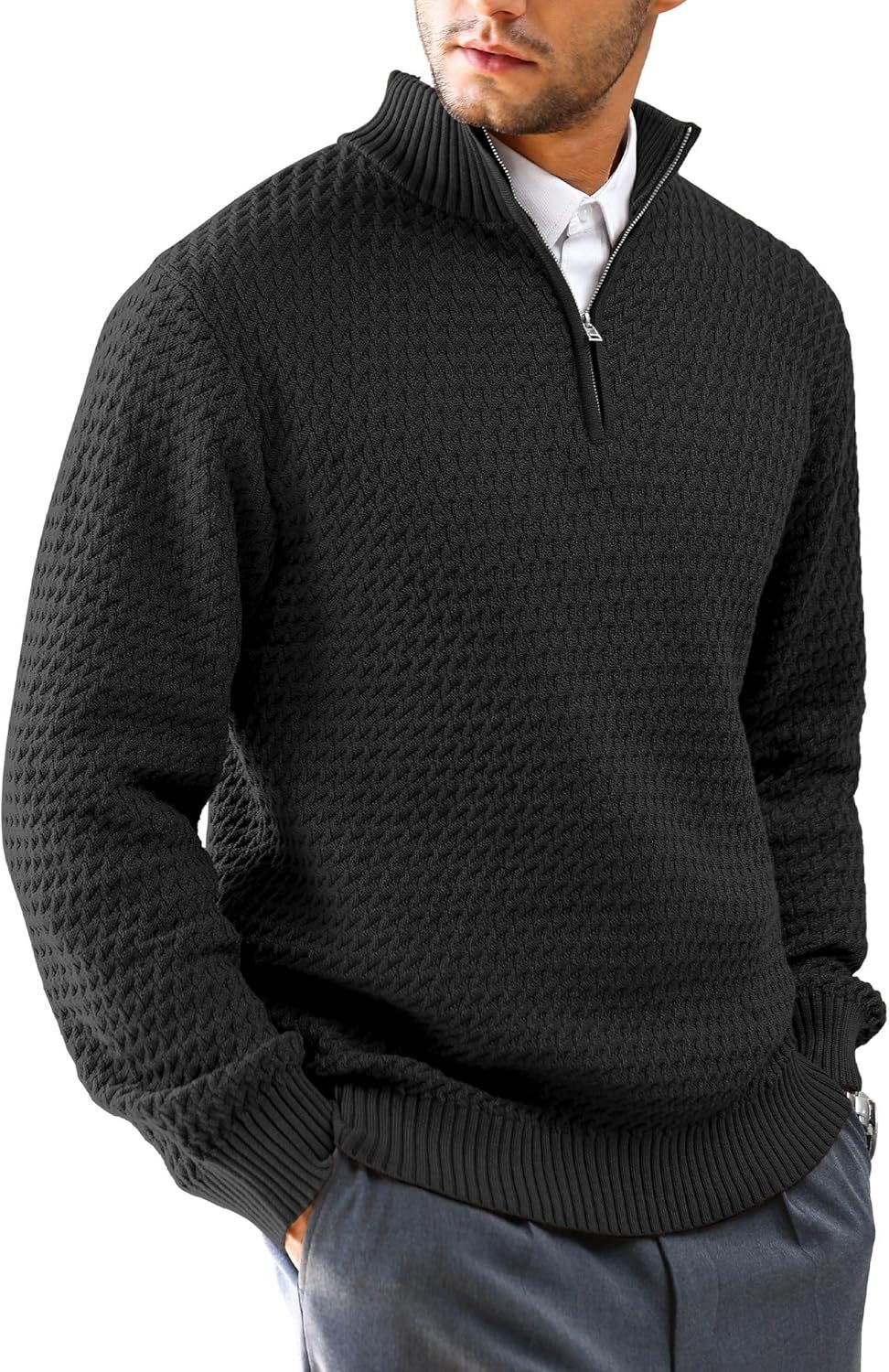 Men's Quarter Zip Sweater Mock Neck Pullover Ribbed Knit Casual Polo Sweaters-tidenox