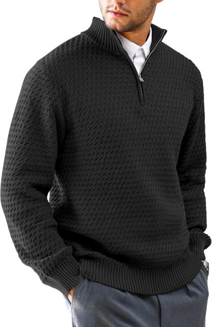 Men's Quarter Zip Sweater Mock Neck Pullover Ribbed Knit Casual Polo Sweaters-tidenox