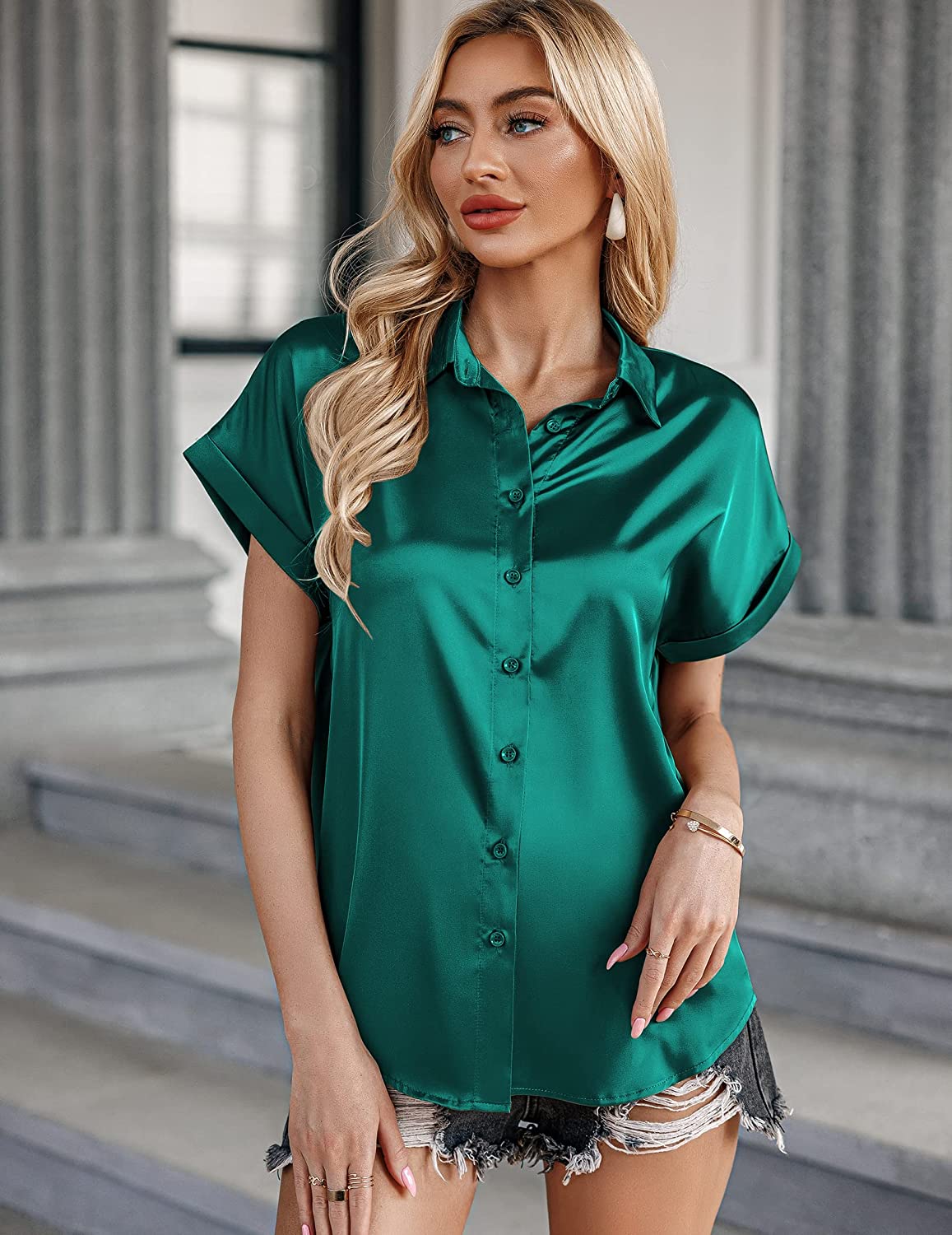 Silk Blouse for Women Short Sleeve Satin Button Down Shirts Casual Loose V-Neck Business Work Tunic Top - Zeagoo (Us Only)-tidenox