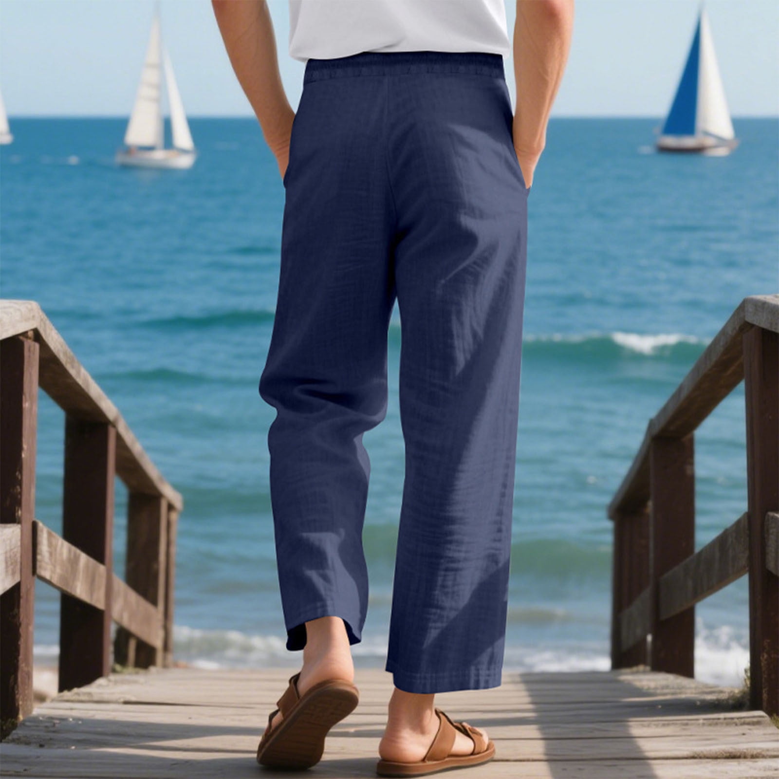 Men's linen trousers summer beach pants solid color comfortable breathable holiday leisure Hawaiian Bohemian style