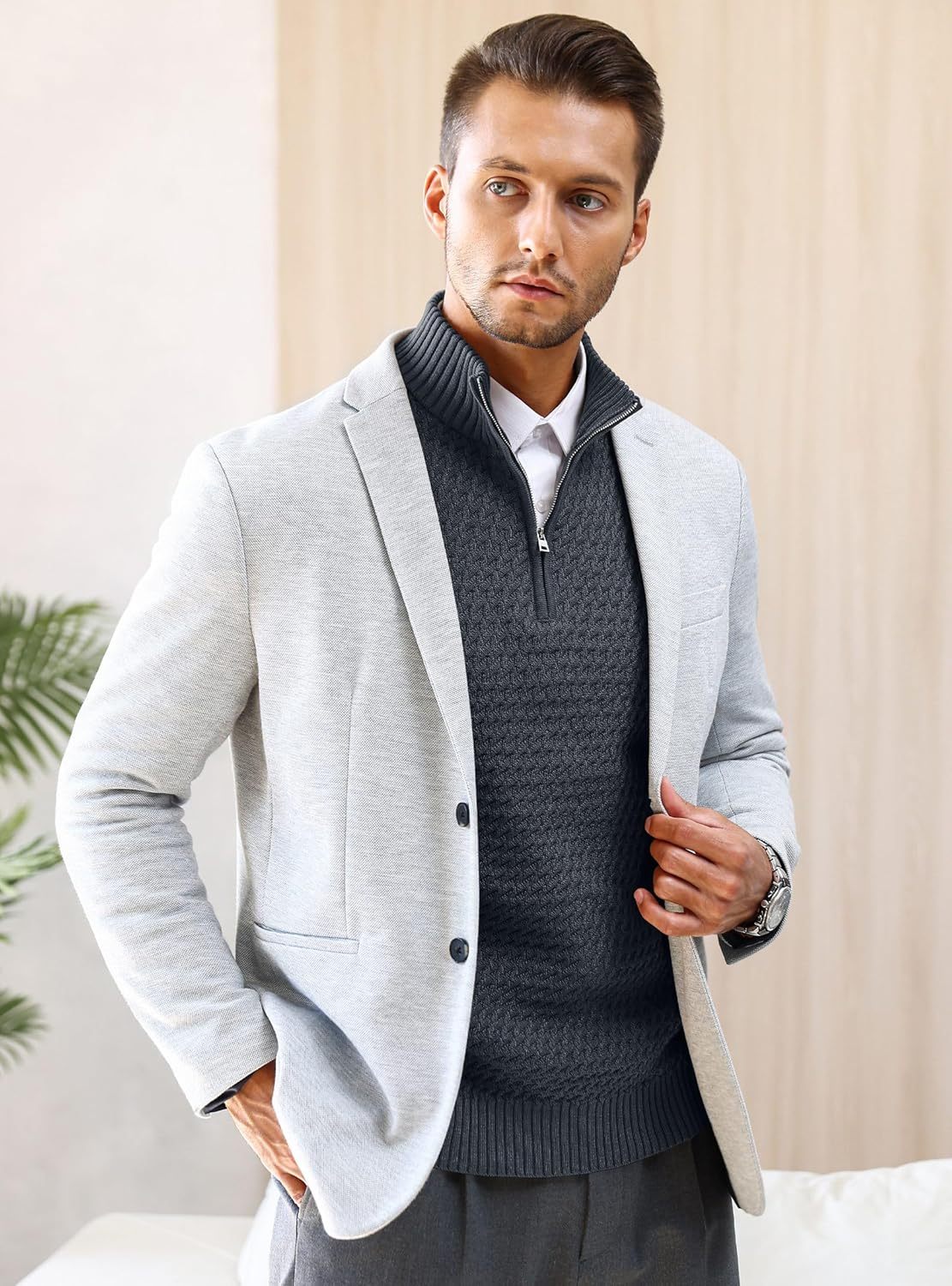 Men's Quarter Zip Sweater Mock Neck Pullover Ribbed Knit Casual Polo Sweaters-tidenox