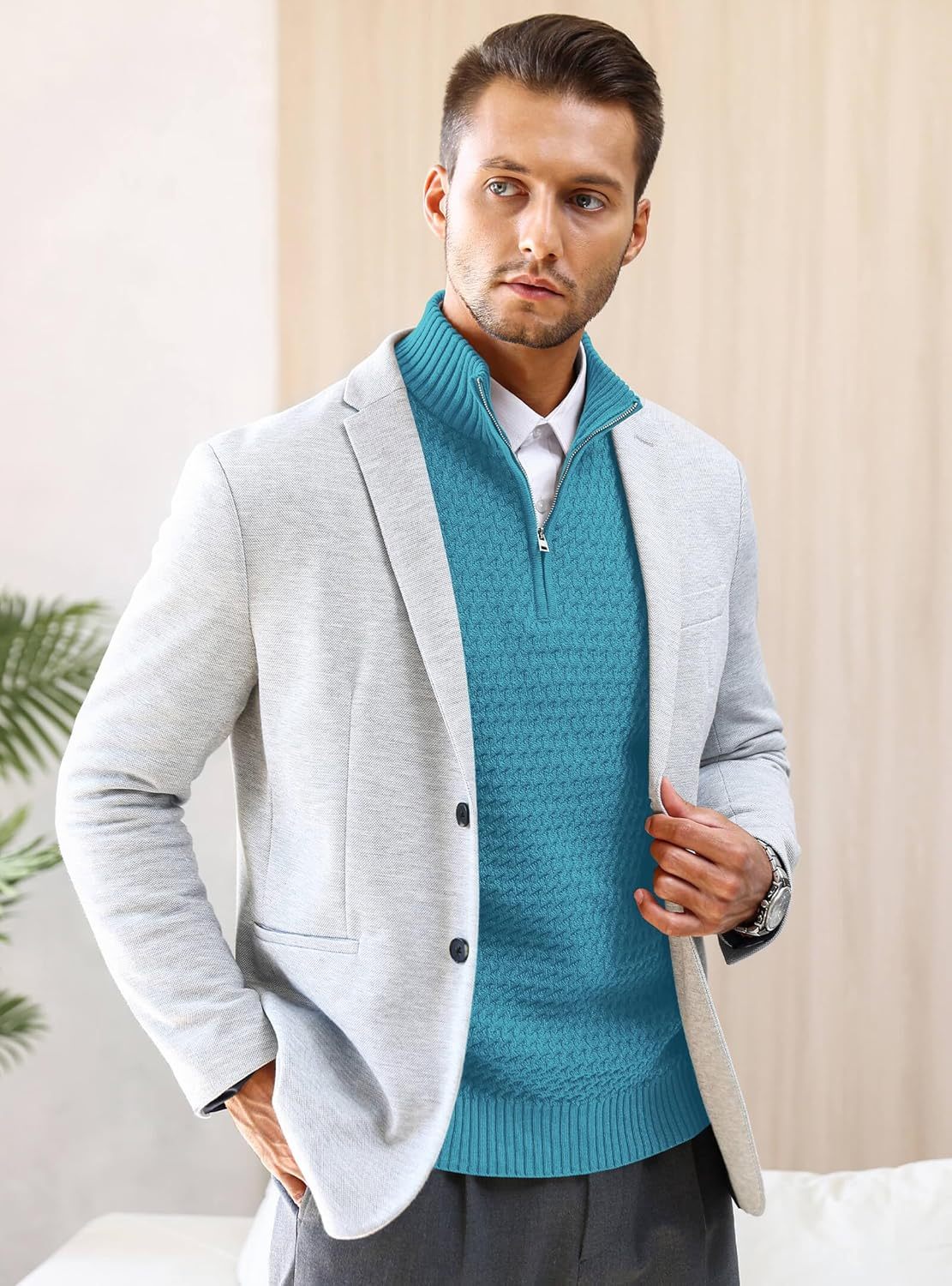 Men's Quarter Zip Sweater Mock Neck Pullover Ribbed Knit Casual Polo Sweaters-tidenox