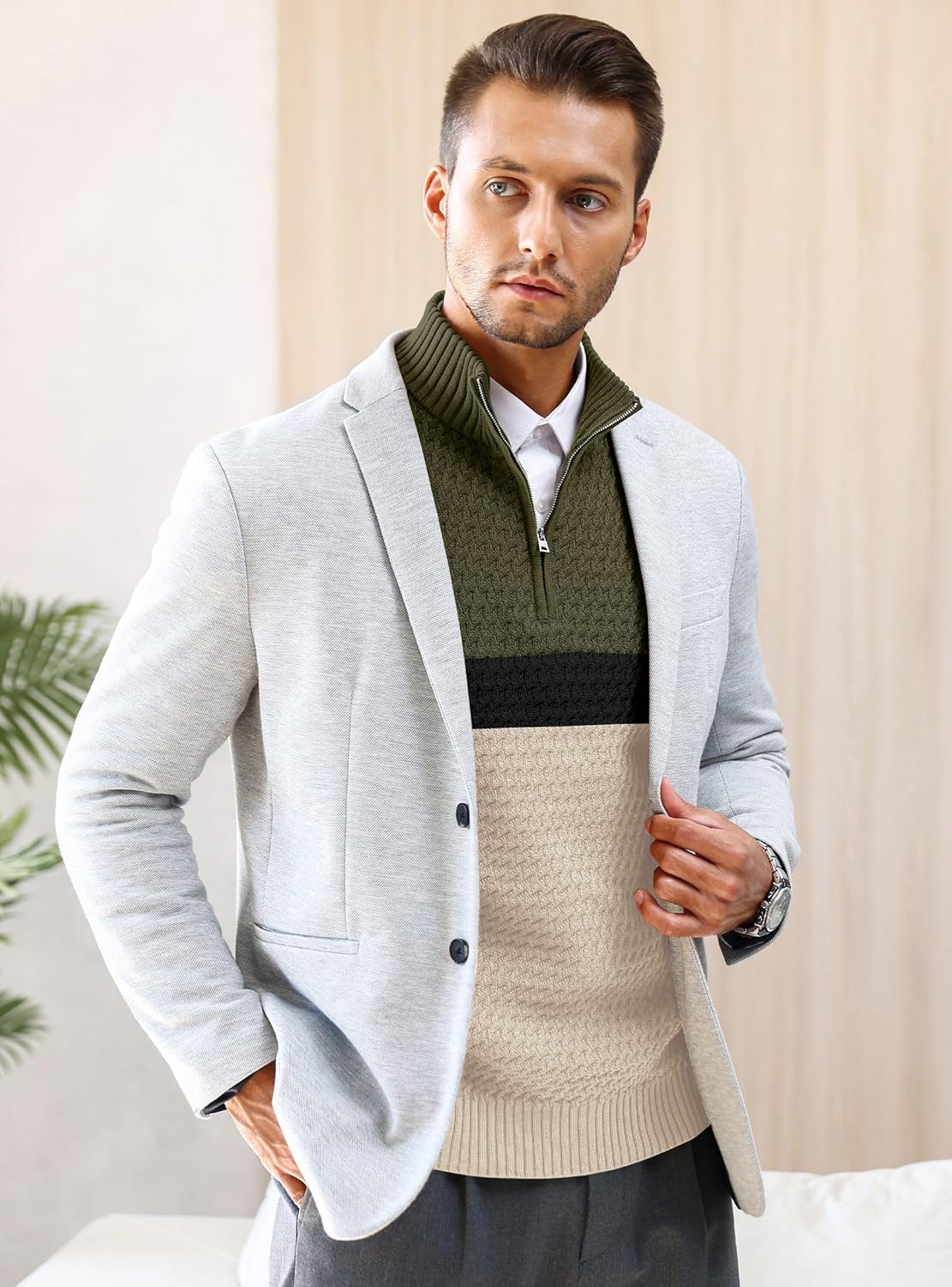 Men's Quarter Zip Sweater Mock Neck Pullover Ribbed Knit Casual Polo Sweaters-tidenox