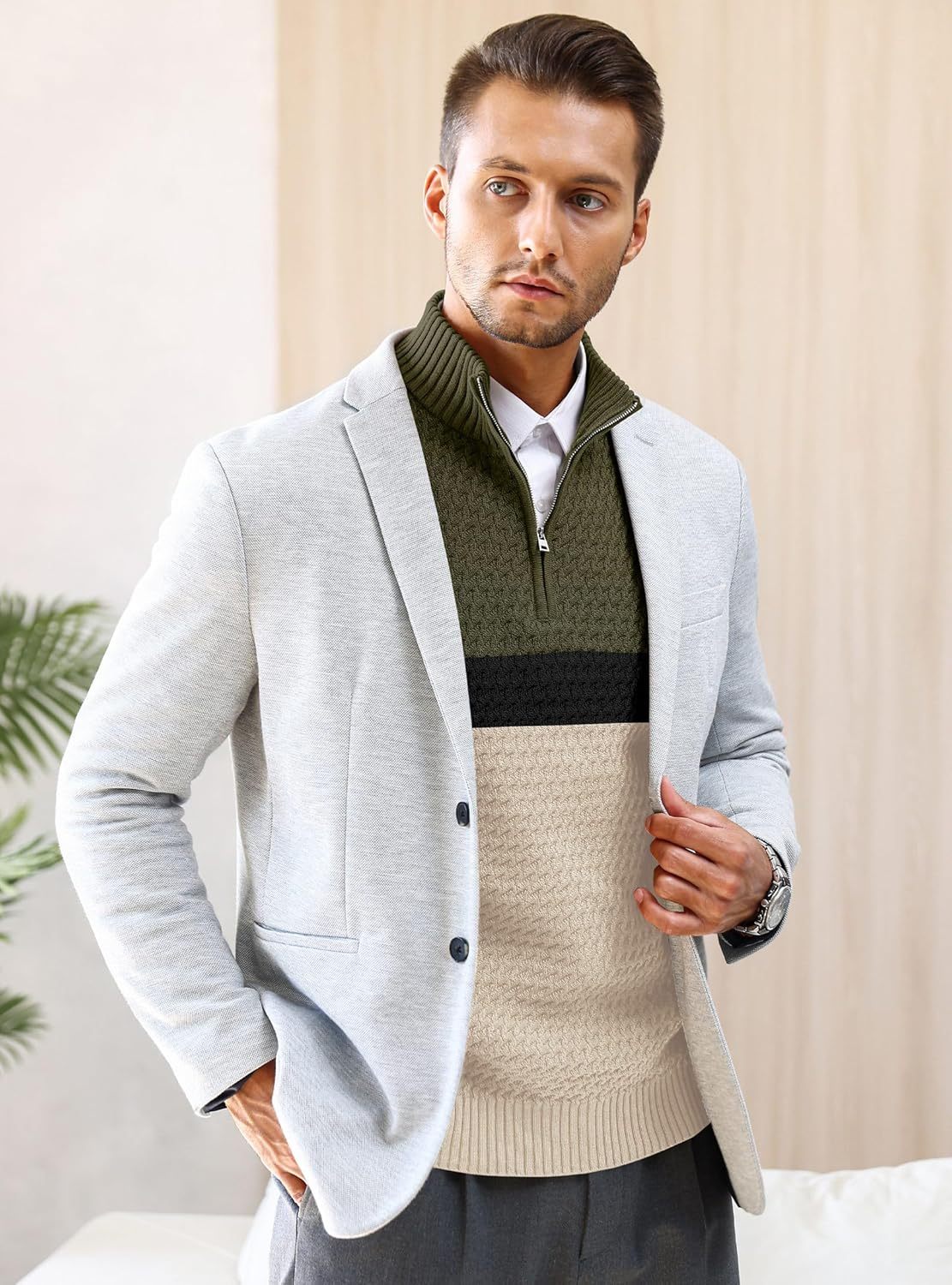 Men's Quarter Zip Sweater Mock Neck Pullover Ribbed Knit Casual Polo Sweaters-tidenox