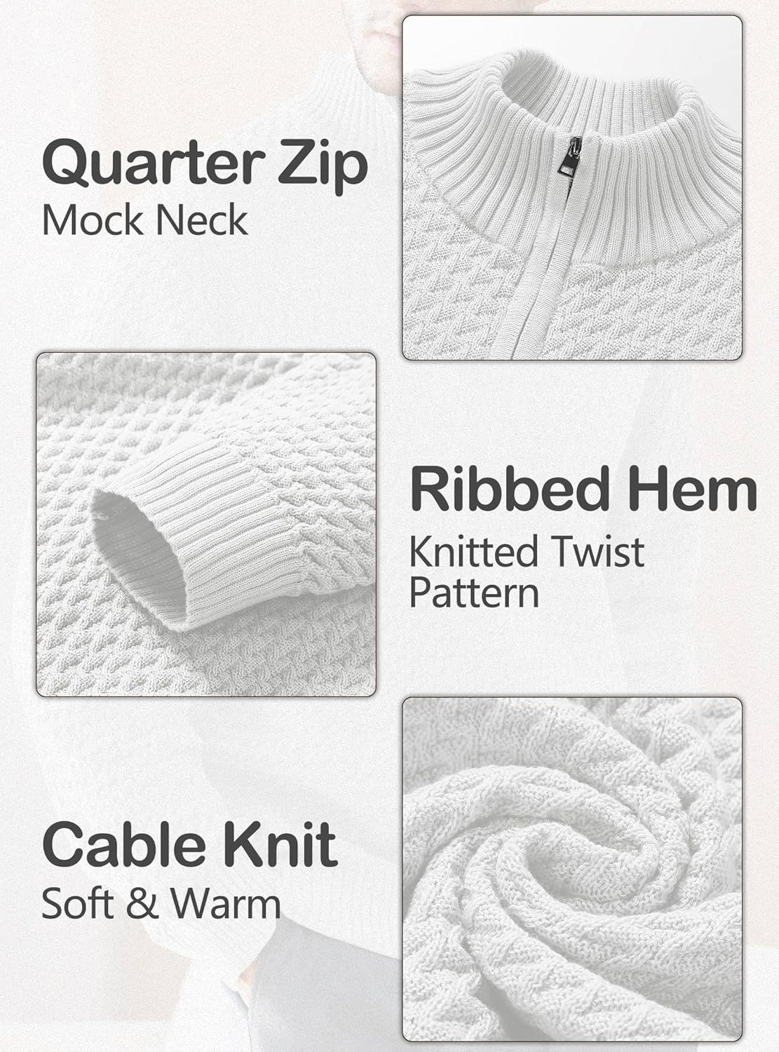 Men's Quarter Zip Sweater Mock Neck Pullover Ribbed Knit Casual Polo Sweaters-tidenox