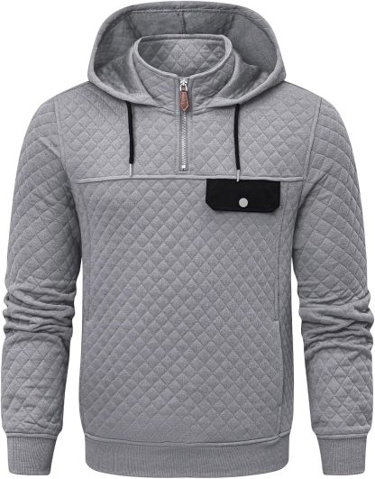 Men's Quilted Hoodies Casual Long Sleeve Quarter-Zip Pullover Sweatshirt with Pockets-tidenox