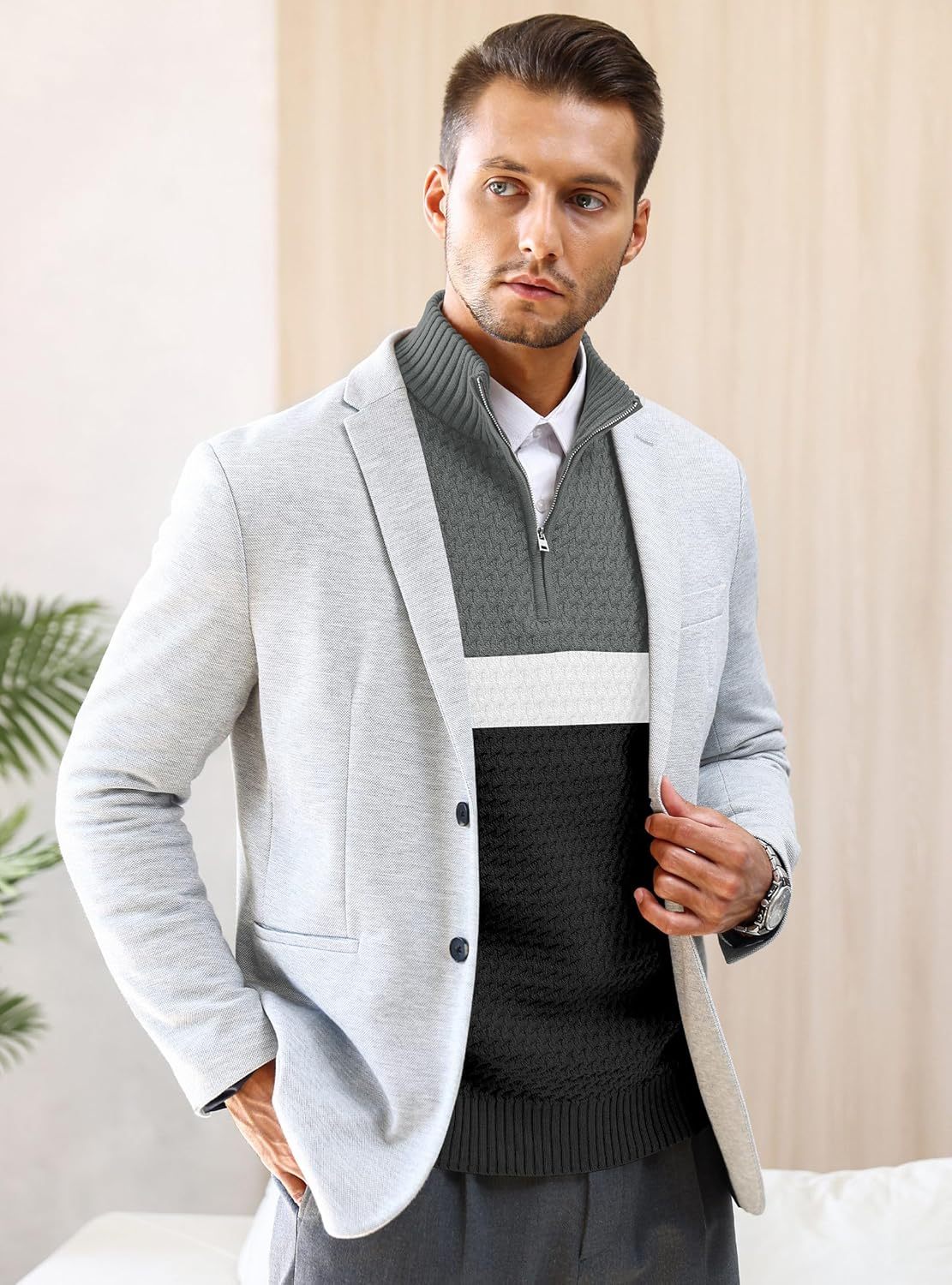 Men's Quarter Zip Sweater Mock Neck Pullover Ribbed Knit Casual Polo Sweaters-tidenox