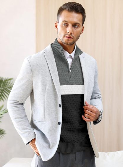 Men's Quarter Zip Sweater Mock Neck Pullover Ribbed Knit Casual Polo Sweaters-tidenox