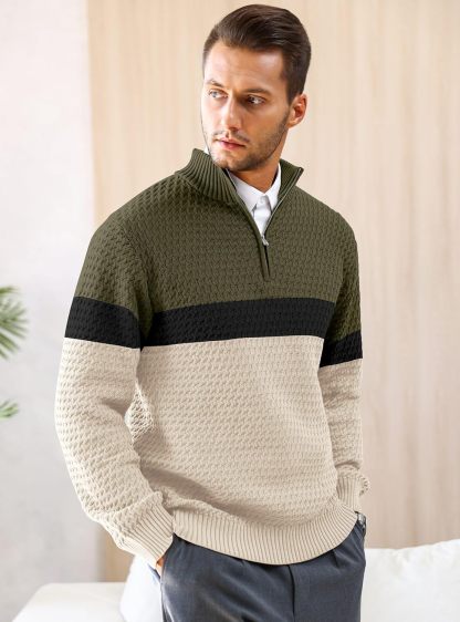 Men's Quarter Zip Sweater Mock Neck Pullover Ribbed Knit Casual Polo Sweaters-tidenox